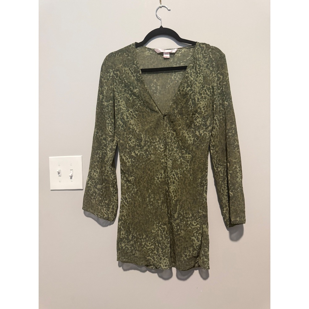 Victorias Secret Olive Green Animal Print Sheer V-Neck Tunic Top/Slip XS